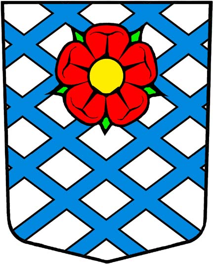 Unter silbernem Schildhaupt, belegt mit einer roten Rose mit goldenem Butzen und grünen Kelchblättern, gerautet von Blau und Silber